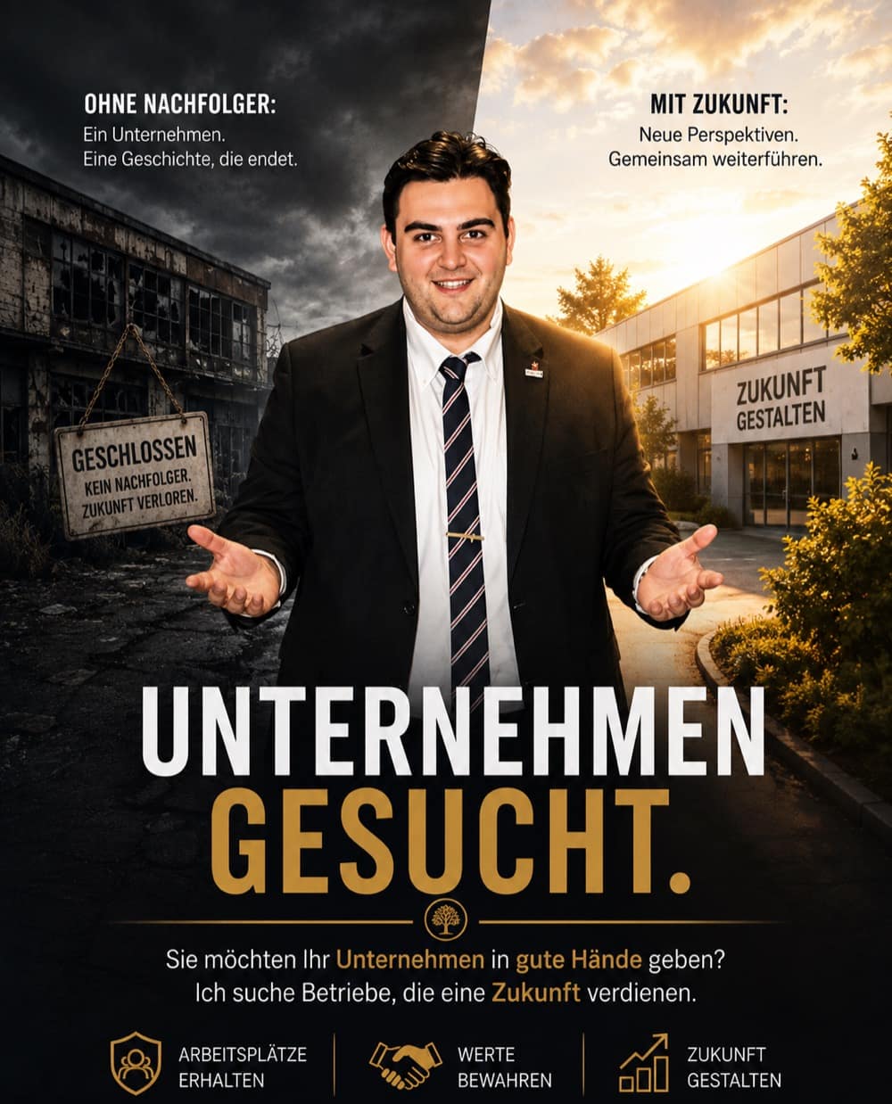 Tafel: Unternehmen gesucht. Links ein verfallenes Gebäude mit dem Schild Geschlossen, rechts ein helles Firmengebäude; in der Mitte Jonas Schmitz mit offenen Händen.